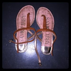 brown sandals with gold trim & buckle strap